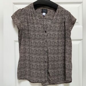 Black And Tan Cap Sleeve Blouse with Mandarin Collar